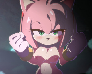 breasts clothing elcriz2001 eyelashes female fur gloves green_eyes handwear hmph nipples pink_body pink_fur pink_nipples solo sega sonic_the_hedgehog_(series) amy_rose animal_humanoid eulipotyphlan eulipotyphlan_humanoid hedgehog_humanoid humanoid mammal mammal_humanoid