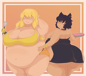 baking belly belt big_belly big_breasts big_butt biped blush bottomwear bracelet breasts butt canon_couple cleavage clothed clothing cooking crop_top crumbs crumbs_on_face cybernetic_arm cybernetic_limb dress duo ear_piercing ear_stud embarrassed fat_arms female female/female food hair hand_behind_head hand_on_another's_belly hand_on_belly holding_food holding_object holding_pie holding_tool holding_whisk huge_breasts huge_butt huge_hips human_on_humanoid interspecies jewelry kitchen_utensils light_body light_skin long_hair looking_at_another looking_at_another's_belly looking_at_belly looking_at_partner love_handles mischievous_smile mutual_weight_gain narrowed_eyes navel obese obese_female obese_human open_bottomwear open_clothing open_shorts orange_background overweight overweight_female overweight_human overweight_humanoid pastry pie piercing purple_eyes realization role_reversal shirt shorts simple_background standing tan_body tan_skin thick_thighs thong_straps tools topwear weight_difference weight_gain weight_teasing whisk wide_eyed wide_hips yellow_eyes princessofsmut rooster_teeth rwby blake_belladonna yang_xiao_long animal_humanoid cat_humanoid felid felid_humanoid feline feline_humanoid human humanoid mammal mammal_humanoid 2024 digital_drawing_(artwork) digital_media_(artwork) hi_res story_at_source