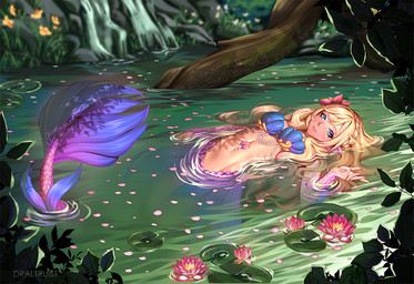 blonde_hair blue_eyes bra breasts clothing detailed_background female hair lily_pad medium_breasts mermaid_tail nature partially_submerged plant pond seashell_bra solo split_form swimming underwear draltruist aquatic humanoid_merfolk merfolk 2022