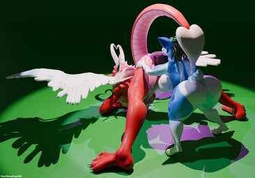 4_toes anthro ass_up blue_body blue_fur blue_vulva butt chest_tuft claws duo egg feathered_wings feathers feet female fingers fluffy_ears fur genitals green_background green_hair hair hand_on_butt heart_tail hooves horn jack-o'_pose larger_female licking long_hair open_mouth oviposition pink_body pink_scales pose raised_tail red_body red_scales scales simple_background size_difference smaller_female tail teeth toe_claws toes tongue tuft vulva white_body white_feathers white_fur wings heartlessangel3d mythology adelina_the_love_dragon petra_the_defend_deer deer dragon mammal mythological_creature mythological_scalie scalie 2026 hi_res