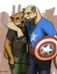 anthro clothed clothing cosplay duo eyewear fur glasses hug male male/male open_mouth shield shirt tail teeth text topwear wand meesh captain_america_(marvel) harry_potter_(series) little_buddy marvel chris_(meesh) john_(meesh) canid canine canis cougar domestic_dog felid feline mammal 2011 digital_media_(artwork) english_text