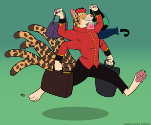 4_arms 4_toes anthro barefoot bellhop bottomwear briefcase clothing digitigrade feet gradient hat headgear headwear holding_object jacket luggage male multi_arm multi_limb multi_tail multifur pants pawpads pink_pawpads purse soles solo tail toes topwear umbrella uniform kobi_lacroix clouded_leopard felid mammal pantherine