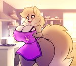 2019 anthro apron big_breasts biped blush bodily_fluids breasts canid canine canis cleavage clothed clothing female fur hi_res huge_breasts inside kitchen lactating lactating_through_clothing mammal mature_anthro mature_female milk nipple_outline open_mouth open_smile robin_(stunnerpony) smile solo stunnerpony wet wet_clothing wide_hips wolf