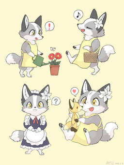 accessory anthro apron basket black_pawpads blush clothed clothing container dipstick_tail dress exclamation_point eyes_closed fangs feet female flower flower_accessory flower_in_hair fur grey_body grey_fur hair hair_accessory headgear headwear heart_symbol holding_object maid_uniform markings multicolored_body multicolored_fur multicolored_tail musical_note musical_symbol open_mouth pawpads paws plant plant_pot plushie potted_plant question_mark semi-anthro simple_background sitting smile solo speech_bubble standing symbol tail tail_markings teeth toes uniform white_body white_fur yellow_clothing yellow_eyes fusau arthropod butterfly canid canine fox insect lepidopteran mammal red_fox true_fox 2024 hi_res
