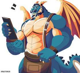 anthro apron barazoku beard biceps blue_body blue_hair blue_scales bracelet claws clipboard clothing facial_hair facial_piercing facial_spikes furgonomic_piercing furgonomics hair hand_on_hip holding_clipboard holding_object horn horn_piercing jewelry looking_at_clipboard male manly mature_anthro mature_male muscular muscular_anthro muscular_arms muscular_male mustache nose_piercing nose_ring pecs piercing ring_piercing scales simple_background solo spiked_tail spikes spikes_(anatomy) standing tail tan_body tan_scales tattoo white_background wings kraiton13 activision mythology spyro_reignited_trilogy spyro_the_dragon gavin_(spyro) rescued_dragons_(spyro) dragon mythological_creature mythological_scalie reptile scalie 2025 absurd_res hi_res