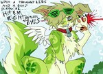 ambiguous_gender blood bodily_fluids claws clover_(plant) eyewear feral feral_with_hair floppy_ears glasses hair pawpads plant shrub sky smile smirk solo sparklefur stitch_(sewing) text wings dethtwink canid canine canis domestic_dog mammal english_text