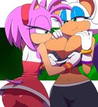 accessory anthro big_breasts bottomwear bra breast_size_difference breasts butt clothing clothing_pull covering covering_breasts duo female headband huge_breasts midriff narrowed_eyes navel pants size_difference sports_bra topwear topwear_pull underwear yoga_pants kojiro-brushard sega sonic_the_hedgehog_(series) amy_rose rouge_the_bat bat eulipotyphlan hedgehog mammal 2023 absurd_res hi_res