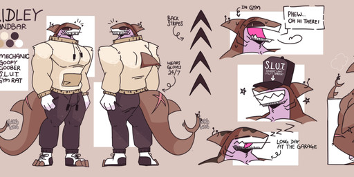 3_toes 4_fingers anthro back_stripes big_muscles biped black_bottomwear black_clothing black_footwear black_hat black_headwear black_pants black_sclera black_shoes black_stripes blep bodily_fluids bottomwear breath brown_background brown_body closed_smile clothed clothed_anthro clothed_male clothing color_swatch countershade_face countershade_neck countershade_torso countershading dialogue directional_arrow dirty dorsal_fin drawstring_bottomwear drawstring_pants drawstring_topwear emanata eyes_closed feet fin fin_piercing fingers fish_hook fish_hook_piercing fish_tail footwear front_view fully_clothed fully_clothed_anthro fully_clothed_male furgonomic_piercing furgonomics gills glint gloves handwear hat head_fin headgear headwear heart_symbol holding_object holding_tool holding_wrench hook looking_aside looking_at_viewer looking_back looking_back_at_viewer male motion_lines mouth_closed multicolored_body multiple_angles muscular muscular_anthro muscular_male neck_gills onomatopoeia pants piercing pink_tongue plantigrade pockets pupils rear_view scar shoelaces shoes shoulder_scar simple_background sleeping slit_pupils smile smiling_at_viewer snout solo sound_effects speech_bubble star_polygon steam stripes stubble sweat sweaty_arms sweaty_back sweaty_face tail tail_fin tail_motion tail_piercing tail_scar tailwag talking_to_viewer tan_clothing tan_sweater tan_topwear text toeless_footwear toeless_shoes toes tongue tongue_out tools toothy_grin topless topless_anthro topless_male topwear two_tone_body vowelless vowelless_sound_effect white_background white_body white_clothing white_countershading white_footwear white_gloves white_handwear white_shoes wrench yellow_eyes zzz skykdotidot ridley_(heavymetalshonk) aquatic fish requiem_shark sandbar_shark shark 2024 absurd_res artist_name bust_portrait character_name digital_drawing_(artwork) digital_media_(artwork) english_text full-length_portrait half-length_portrait hi_res model_sheet portrait species_name