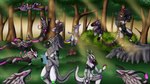 anthro backpack claws female fluffy fluffy_tail fur grey_body grey_fur group horn machine male pan pink_body pink_fur protogen_visor purple_body slug_tail tail visor white_body white_fur hunamarts bio_(hunamarts) biogentic biogentic_(protogen) mars_(hunam) mizu_(protogen) shizuka(protogen) zeal_(hunam) alien protogen 16:9 4k absurd_res hi_res widescreen