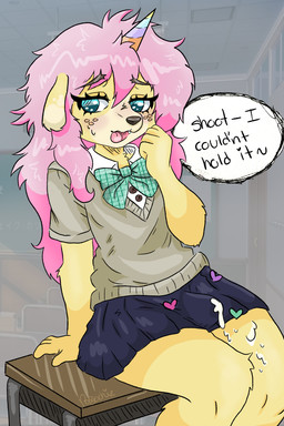 anthro bangs blush bodily_fluids bottomwear cartoon_freckles clothing cum embarrassed erection erection_under_skirt eyelashes female freckled_face freckles genital_fluids genitals intersex long_eyelashes love penis skirt solo po0ochie 2:3 hi_res