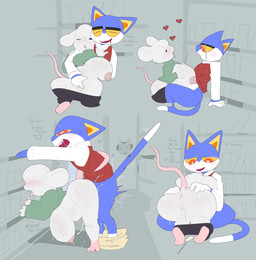 anthro anthro_on_anthro anthro_penetrated anthro_penetrating anthro_penetrating_anthro ass_up big_breasts big_ears blue_body blue_fur blush blush_lines bodily_fluids book bookshelf bottomless bottomwear bottomwear_down breast_play breasts buckteeth cat_tail cheek_tuft clothed clothing cum cum_in_vagina cum_inside cum_on_face cum_on_ground cumshot_on_face desk dialogue duo eye_contact facial_tuft fellatio female female_penetrated fingering fingering_partner from_behind_position fur furniture genital_fluids gesture glistening glistening_body green_clothing grey_background hand_gesture hand_on_butt hanging_breasts heart_symbol hearts_around_head holding_arm hug huge_breasts hugging_another hugging_from_behind leaking_cum leaning_on_object leggings legwear librarian library looking_at_another looking_down looking_down_at_partner male male/female male_penetrating male_penetrating_female moan motion_lines mouse_ears multicolored_body multicolored_fur obscured_eyes one_eye_closed open_mouth oral pants pants_down pants_on_floor partially_clothed paws penetration penile penile_penetration pivoted_ears pointing pupils raised_tail rat_tail red_clothing red_pupils saliva saliva_string sex sharp_teeth shirt shirt_up side_view simple_background simple_eyes sitting sitting_on_ground spread_legs spreading standing standing_sex stealth_sex sweat sweatdrop sweater sweater_vest table tail tail_around_partner teeth text titfuck tongue tongue_out topwear tuft two_tone_body two_tone_fur undressing vaginal vaginal_fingering vaginal_fluids vaginal_penetration vest white_body white_clothing white_fur white_shirt white_topwear yellow_sclera snazzle_snapp background_character mitzi_(snappy) domestic_cat felid feline felis mammal mouse murid murine rodent 2026 digital_drawing_(artwork) digital_media_(artwork) english_text hi_res sequence