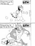 0rang3 2015 4_fingers absurd_res anthro arm_tuft backpack barefoot baseball_cap before_and_after big_biceps big_muscles biped black_and_white black_nose canid canine canis cheek_tuft clothed clothing comic confusion crawling curious digital_drawing_(artwork) digital_media_(artwork) domestic_dog door duffel_bag duo english_text exhausted eyewear facial_tuft feet felid fingers fully_clothed fur furgonomics german_shepherd glasses gym hair hat headgear headwear herding_dog hi_res holding_object huge_muscles humanoid_hands humor kemono larger_anthro larger_male looking_down malaysian male mammal monochrome motion_lines muscular muscular_male narration neck_tuft open_mouth pantherine pastoral_dog pecs pince-nez question_mark shaking shirt shivering short_hair side_view size_difference smaller_anthro smaller_male stripes tail tail_between_legs tank_top text text_box tiger topwear triceps tuft walking