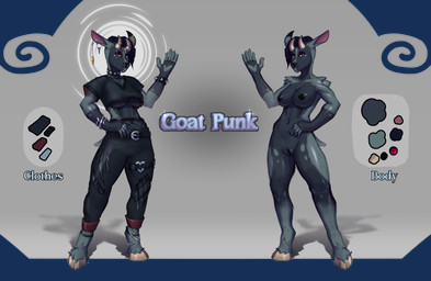 adopts alternative_fashion anthro belt big_breasts black_body black_clothing black_fur black_hair black_nipples bottomwear bracelet breasts clothing collar crop_top ear_piercing eyebrow_piercing facial_piercing female fishnet_clothing fishnet_legwear fur fur_markings genitals grey_body hair heart_symbol hooves horn jewelry legwear looking_at_viewer markings multicolored_body multiple_piercings nipples nose_piercing nude pants piercing punk red_eyes ring shirt simple_background smile solo spikes tail thick_thighs thigh_belt topwear vulva scarlet_side bovid caprine goat mammal absurd_res alpha_channel digital_media_(artwork) hi_res model_sheet