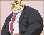 anthro blush clothing eyewear glasses kemono male mature_male necktie overweight overweight_male pink_nose shirt simple_background solo topwear 00murice felid mammal pantherine tiger 2022