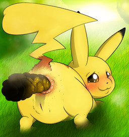 amber_eyes anus black_body black_fur blush brown_body brown_fur butt dipstick_ears ear_markings enjoying_the_go feces female female_pooping feral fur genitals grass looking_at_viewer looking_back looking_back_at_viewer multicolored_ears narrowed_eyes plant pooping raised_tail red_cheeks scatplay smile solo steaming_feces tail vulva yellow_body yellow_fur thecapedmanlloyd nintendo pokemon generation_1_pokemon pikachu pokemon_(species)