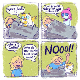 3_fingers 4_fingers 4_panel_comic anthro bed big_breasts black_text blonde_hair blue_clothing blue_sclera blue_shirt blue_t-shirt blue_topwear braided_hair breast_reduction breasts buckteeth candy clothing dessert dialogue dot_eyes eyes_closed eyewear female fingers fist food furniture glasses group hair mask medical_instrument mouth_closed open_mouth pink_body pink_hair pink_skin raised_fist raised_hand scientific_instrument shirt simple_background simple_eyes speech_bubble surgical_mask t-shirt teeth text topwear trio under_covers waterfall_tears white_speech_bubble marimopup adventure_time cartoon_network fionna_and_cake fionna_and_cake_(franchise) who_do_you_think_took_your_boobs cake_the_cat fionna_the_human princess_bubblegum candy_humanoid domestic_cat felid feline felis food_creature food_humanoid human humanoid living_candy mammal 1:1 2025 comic digital_drawing_(artwork) digital_media_(artwork) english_description english_text meme sketch