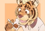 anthro clothed clothing curry cutlery food fur kitchen_utensils male orange_body orange_fur simple_background solo spoon striped_body striped_fur stripes tools young young_anthro emboss0320 ramen_wolf_and_curry_tiger kagetora_yanagi felid mammal pantherine tiger