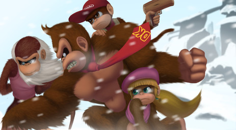 angry anthro bare_shoulders beard blonde_hair brown_body brown_eyes brown_fur cane clothing eyewear facial_hair female fur glasses green_eyes group gun hair hat headgear headwear jewelry long_hair male muscular muscular_male necktie outside pecs ranged_weapon snow teeth weapon white_hair quesogr7 donkey_kong_(series) nintendo cranky_kong diddy_kong dixie_kong donkey_kong_(character) ape haplorhine kong mammal monkey primate hi_res
