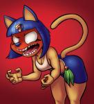 2017 5_fingers angry animal_crossing ankha_(animal_crossing) anthro bandage bangs blue_hair blushing_profusely breasts cleavage clothed clothing digital_media_(artwork) domestic_cat egyptian eyelashes felid feline felis female fingers fur hair leaning leaning_forward makeup mammal nintendo open_mouth raised_tail red_face short_stack solo standing swimwear tail teeth thingshappen uraeus yellow_body yellow_fur