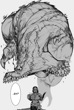 armor big_breasts breasts claws duo female feral imminent_vore melee_weapon sharp_teeth shield sword teeth tongue weapon wide_hips krekk0v capcom monster_hunter brute_wyvern deviljho human mammal absurd_res hi_res monochrome