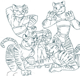 all_fours anthro bottomwear chest_tuft claws clothed clothing crossdressing crossgender female flat_chested flirting fur group hand_on_hip kneeling larger_anthro larger_female looking_at_viewer lying male on_front open_mouth paw_pose pawpads paws pose seductive shorts size_difference skimpy smaller_human smaller_male smile standing striped_body striped_fur stripes stripper suit tail topwear tube_top tuft whiskers zootopia_shorts redout disney zootopia anon tiger_dancer_(zootopia) felid human mammal pantherine tiger 2016 digital_drawing_(artwork) digital_media_(artwork) monochrome sketch