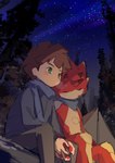 anthro blush campfire camping cuddling detailed_background duo forest hand_holding horn kerchief male male/male night outside plant red_body sky sleeping star starry_sky tent tree kabomelon bandai_namco digimon digimon_ghost_game hiro_amanokawa betelgammamon digimon_(species) human mammal scalie