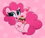 blue_eyes cupcake cutie_mark dotted_background female feral food hair heart_symbol hooves open_mouth pattern_background pink_background pink_body pink_hair quadruped simple_background solo tongue kittyrosie friendship_is_magic hasbro my_little_pony pinkie_pie_(mlp) earth_pony equid equine horse mammal pony absurd_res hi_res