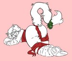 anthro bite biting_lip bound butt clothing female fur leg_warmers legs_tied legwear mistletoe mistletoe_on_tail pink_nose plant ribbons solo tail white_body white_fur pteri_(artist) cats_(musical) victoria_(cats) domestic_cat felid feline felis mammal alternate_version_at_source hi_res pastel_theme