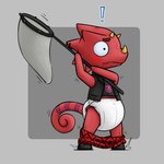 anthro blush bottomwear bottomwear_down bug_net clean_diaper clothed clothing diaper embarrassed exclamation_point footwear horn male pants pants_down partially_clothed shoes solo surprise wearing_diaper ire-k animal_crossing nintendo flick_(animal_crossing) chameleon lizard reptile scalie 1:1