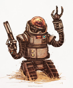 ambiguous_gender brain_dome gesture grass gun holding_gun holding_object holding_ranged_weapon holding_weapon machine metal metallic_body not_furry plant ranged_weapon simple_background solo text treads waving waving_at_viewer weapon white_background leona-florianova fallout microsoft skynet_(fallout) robobrain_(fallout) robot artist_name hi_res