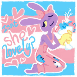 accessory anthro barefoot border bow_(feature) bow_ribbon clothing eyelashes feet female flower fur gloves hair_accessory hair_bow hair_ribbon handwear heart_symbol humanoid_hands kneeling lgbt_pride one_eye_closed overalls patch_(fabric) pink_clothing pink_overalls plant pride_color_background pride_colors purple_body purple_fur ribbons simple_background solo text transgender_pride_colors white_border wink yellow_clothing yellow_gloves yellow_handwear yellow_sclera objectfucker glitch_productions stevie_wonder the_amazing_digital_circus jax_(tadc) lagomorph leporid mammal rabbit 1:1 2026 digital_drawing_(artwork) digital_media_(artwork) trans_(lore) trans_woman_(lore)