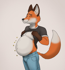 anthro black_clothing black_nose black_shirt black_t-shirt black_topwear blue_bottomwear blue_clothing blue_jeans blue_pants bottomwear brown_body brown_ears brown_fur clothed clothing denim denim_bottomwear denim_clothing dipstick_tail eyes_closed fur gloves_(marking) grey_background humanoid_hands inner_ear_fluff jeans male markings navel orange_body orange_fur overweight overweight_anthro overweight_male pants raised_clothing raised_shirt raised_topwear shirt simple_background smile solo t-shirt tail tail_markings topwear tuft white_body white_fur white_inner_ear_fluff white_tail_tip vortis canid canine fox mammal red_fox true_fox 2026 english_description hi_res