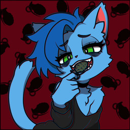 anthro blue_body blue_fur chest_tuft choker clothing explosives eye_bags fur green_eyes grenade grenade_in_mouth hair jewelry male messy_hair necklace object_in_mouth oversized_clothing self-harm sharp_teeth sidecut solo teeth tuft weapon weapon_in_mouth momobutt space_d._kitty domestic_cat felid feline felis mammal 1:1 chromatic_aberration hi_res