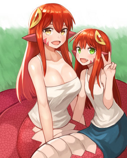 anthro apode big_breasts blush bottomless bottomwear breasts clothed clothing cute_fangs duo fangs female gesture grass green_eyes hair hand_gesture humanoid_pointy_ears legless looking_at_viewer monster_girl_(genre) non-mammal_breasts open_mouth outside plant pointy_ears red_body red_hair red_scales scales serpentine shirt skirt smile split_form tank_top teeth topwear v_sign yellow_eyes young sookmo monster_musume miia_(monster_musume) draconcopode lamia reptile scalie snake 2018 absurd_res hi_res daughter_(lore) mother_(lore) mother_and_child_(lore) mother_and_daughter_(lore) parent_(lore) parent_and_child_(lore) parent_and_daughter_(lore)