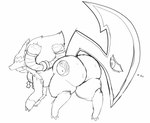 big_butt blade bodily_fluids butt ellipsis feral mask solo sweat tail tail_blade weapon_tail azureinthedark bandai_namco digimon canid canine digimon_(species) fox mammal reppamon hi_res monochrome sketch