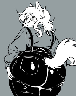anthro big_butt blush bottomwear butt butt_focus clothing denim denim_bottomwear denim_clothing eyewear female fur glasses grey_background huge_butt jeans looking_at_viewer looking_away looking_back looking_back_at_viewer low-angle_view office_clothing office_lady pants rear_view simple_background solo spread_butt spreading suspenders teasing white_body white_fur galacteasers aurora_(galacteasers) canid canine canis domestic_dog humanoid mammal monochrome