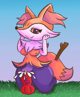 anthro biped breasts dipstick_tail eyelashes eyeshadow female fur genitals inner_ear_fluff kneeling looking_at_viewer makeup markings masturbation multicolored_tail nipples penetration simple_background smile solo tail tail_markings tuft vulva wide_hips unknown_artist nintendo pokemon braixen canid canine generation_6_pokemon mammal pokemon_(species) absurd_res hi_res source_request
