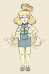 anthro blonde_hair blush bottomwear clothing female gesture hair hand_gesture looking_at_viewer pointing skirt smile smiling_at_viewer solo tail tail_motion tailwag bbravaa animal_crossing nintendo isabelle_(animal_crossing) canid canine canis domestic_dog mammal shih_tzu toy_dog hi_res