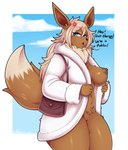 anthro anthrofied areola big_breasts blue_eyes blue_sky border bottomless breasts clothed clothing coat coat_only cross-popping_vein dark_areola dialogue dipstick_tail female fur_coat genitals looking_at_viewer markings navel nipples one_breast_out pokemorph purse pussy sky solo tail tail_markings text thick_thighs three-quarter_view topwear topwear_only vein white_border white_clouds mehdrawings nintendo pokemon canid eevee generation_1_pokemon mammal pokemon_(species) 2020 absurd_res english_text hi_res portrait signature three-quarter_portrait