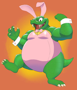 anthro belly bloodshot_eyes bow_tie claws clothed clothed_male clothing fake_ears fake_rabbit_ears finger_claws green_body happy king leotard male male_anthro open_mouth overweight pecs pink_clothing pink_leotard playboy_outfit royalty sharp_teeth smile solo tail teeth toe_claws hypnokoo donkey_kong_(series) nintendo king_k._rool crocodile crocodilian kremling reptile scalie colored digital_media_(artwork) hi_res