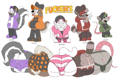 anthro anus butt butt_focus cat_tail cigarette clothed clothing dog_tail group male partially_clothed presenting presenting_anus presenting_hindquarters raccoon_tail raised_tail rat_tail skunk_tail tail underwear underwear_down iamapoliceman coco_(iamapoliceman) jojo_(iamapoliceman) momo_(iamapoliceman) popo_(iamapoliceman) toto_(iamapoliceman) canid canine canis domestic_dog felid feline mammal mephitid murid murine procyonid raccoon rat rodent skunk absurd_res hi_res