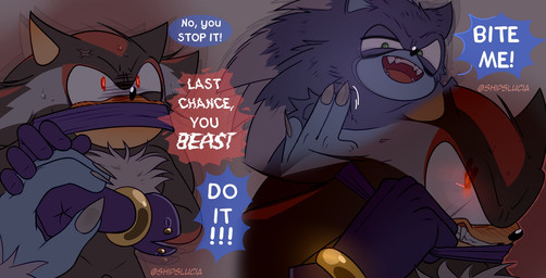 angry anthro bearing_fangs blush blush_lines covered_mouth cross-popping_vein duo fangs fur glowing glowing_eyes hand_holding male male/male revealing_teeth teasing teeth shipslucia sega sonic_the_hedgehog_(series) sonic_unleashed shadow_the_hedgehog sonic_the_hedgehog sonic_the_werehog eulipotyphlan hedgehog mammal vampire werecreature wereeulipotyphlan werehog hi_res