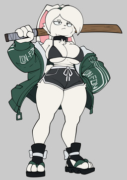 anthro black_bottomwear black_bra black_clothing black_shorts black_underwear bokken bottomwear bra clothing collar dolphin_shorts female footwear fur green_clothing green_jacket green_topwear holding_object holding_weapon jacket katana lon_fon long_ears melee_weapon practice_sword sandals shoes shorts simple_background solo sword topwear underwear weapon white_body white_fur wooden_sword apsel_bluestar fan_character liddy_(apsel_bluestar) lagomorph leporid mammal hi_res
