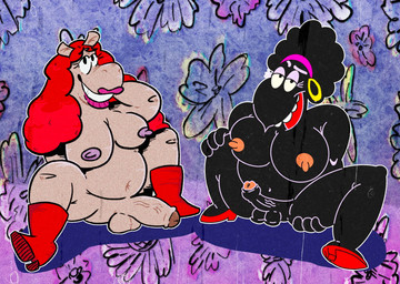 afro anthro balls belly big_belly big_breasts black_hair breasts duo erect_nipples foreskin genitals gynomorph hair intersex lipstick looking_at_viewer makeup nipples overweight overweight_gynomorph overweight_intersex penis red_hair smile divinitydivision roxxred_(artist) fritz_the_cat bertha_(fritz) harriet_(fritz_the_cat) avian bird corvid corvus_(genus) crow equid equine horse mammal oscine passerine hi_res