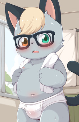 4_fingers anthro biped black_ears black_nose black_tail blonde_hair blush blush_lines bodily_fluids bulge cheek_tuft clothed clothed_anthro clothed_male clothing cute_fangs eyewear facial_tuft fangs fingers fur glasses glistening glistening_clothing glistening_eyes glistening_underwear green_eyes grey_body grey_fur hair heterochromia looking_at_viewer male male_anthro navel nipples open_mouth orange_eyes pink_inner_ear pink_nipples pointy_ears rectangular_glasses slightly_chubby slightly_chubby_anthro slightly_chubby_male solo sweat sweaty_body tail teeth towel towel_around_neck tuft underwear wearing_glasses white_clothing white_underwear young young_anthro young_male toruu animal_crossing nintendo raymond_(animal_crossing) domestic_cat felid feline felis mammal 2025 absurd_res digital_media_(artwork) hi_res