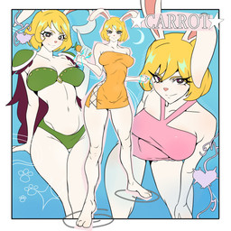 anthro blonde_hair breasts clothing crotch_lines eyelashes female fur green_clothing hair leaning leaning_forward long_eyelashes nipple_outline o-ring orange_clothing pink_clothing solo standing swimwear white_body white_fur kritukri one_piece carrot_(one_piece) humanoid lagomorph leporid mammal rabbit absurd_res hi_res