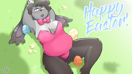 anthro belly bow_tie breast_squish breasts bunny_costume clothed clothing costume easter_egg egg female fishnet_clothing fishnet_legwear fluffy_ears flustered holidays legwear long_ears slightly_chubby solo spread_legs spreading squish dirtballrun easter maru_(dirtballrun) lagomorph leporid mammal rabbit 16:9 absurd_res hi_res widescreen