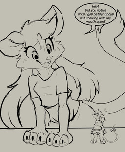 accessory anthro blush blush_lines bodily_fluids bottomwear bow_ribbon clothed clothed_anthro clothed_female clothing dialogue duo eyewear fangs female fully_clothed fully_clothed_anthro fully_clothed_female furgonomics glasses nervous ribbons shorts size_difference skirt smaller_female speech_bubble sweat sweatdrop sweater tail tail_accessory tail_ribbon teeth text topwear wearing_glasses muhny chloe_(muhny) edie_(muhny) domestic_cat felid feline felis mammal mouse murid murine rodent english_text sketch