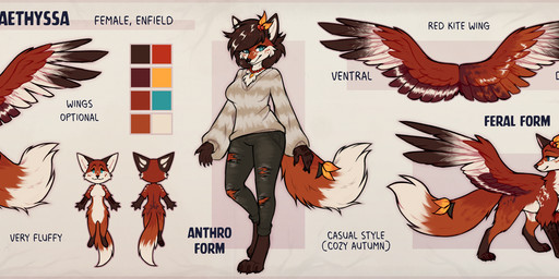 anthro blue_eyes breasts clothing feathered_wings feathers featureless_breasts female feral fluffy fluffy_tail freckles hair paws short_hair solo sweater tail text topwear wings lonerdemiurge canid canine enfield fox mammal absurd_res english_text hi_res model_sheet