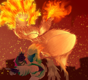 armor breasts duo female fire floating holding_breast jojo_pose male male/female thick_thighs soursteel terraria brimstone_elemental_(terraria_mod) elemental_creature elemental_humanoid fire_creature human humanoid mammal absurd_res hi_res